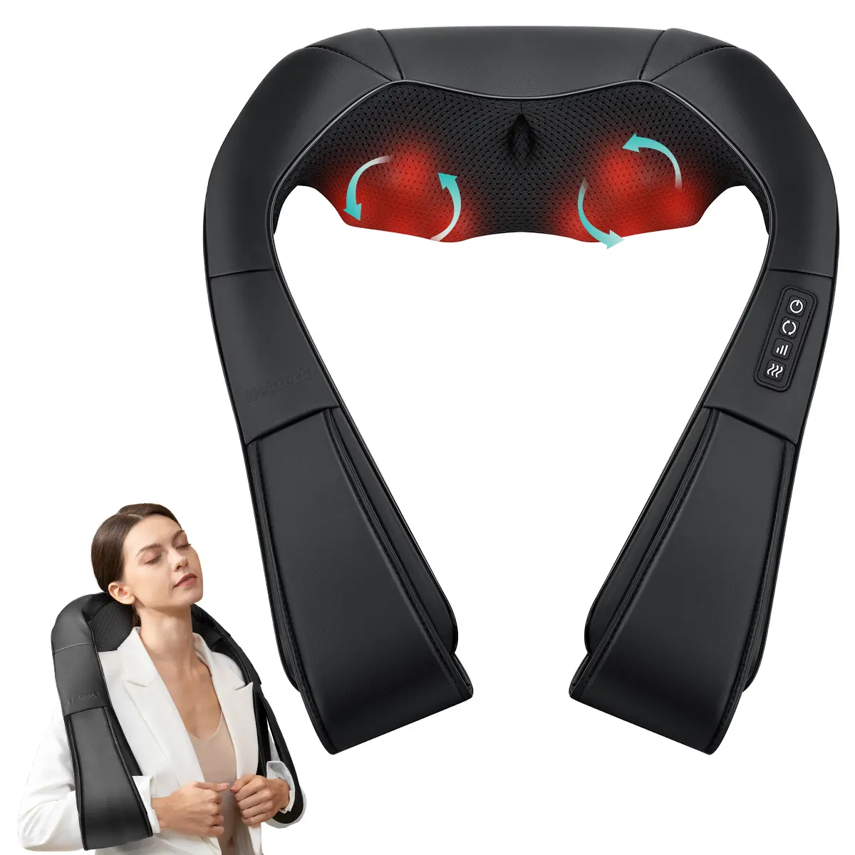 Shiatsu Neck and Back Massager with Soothing Heat, Ergonomic 8 Deep-Kneading Massage Nodes with Heat Electric Shiatsu Back Massager for Neck Shoulder & Body Muscle Relief Portable 12V DC Power Supply - Black