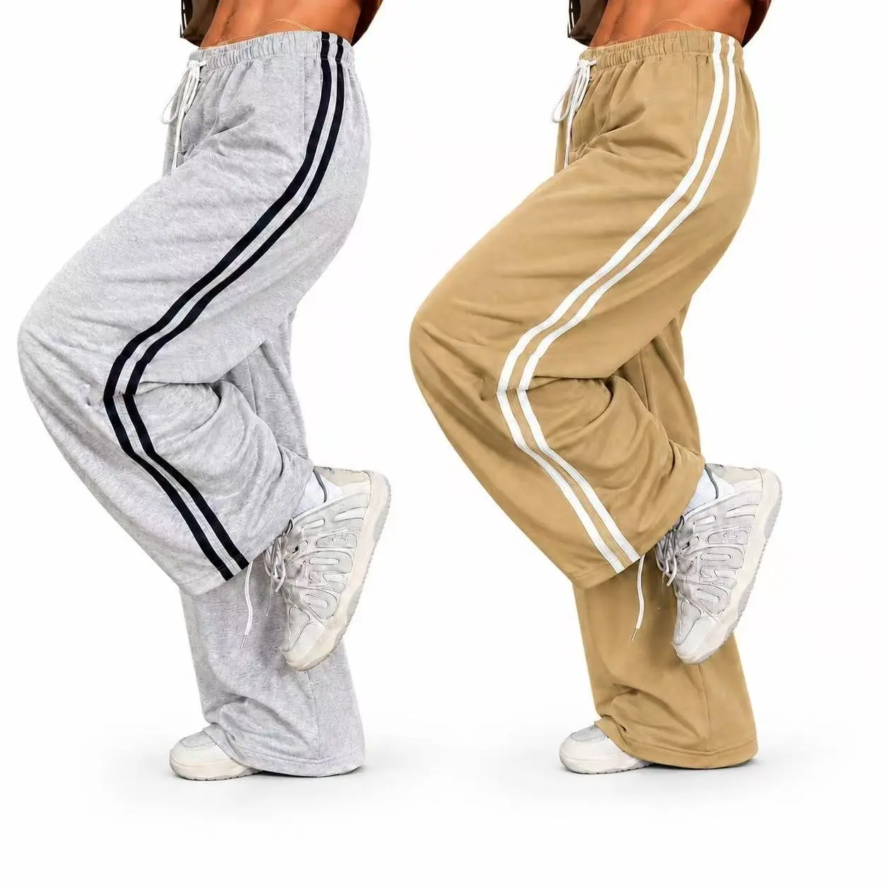 Women’s 2-pack polyester striped American retro straight high-street drawstring joggers — machine washable, casual loose skate street pants suitable for spring/summer; polyester pants, loose skate pants.