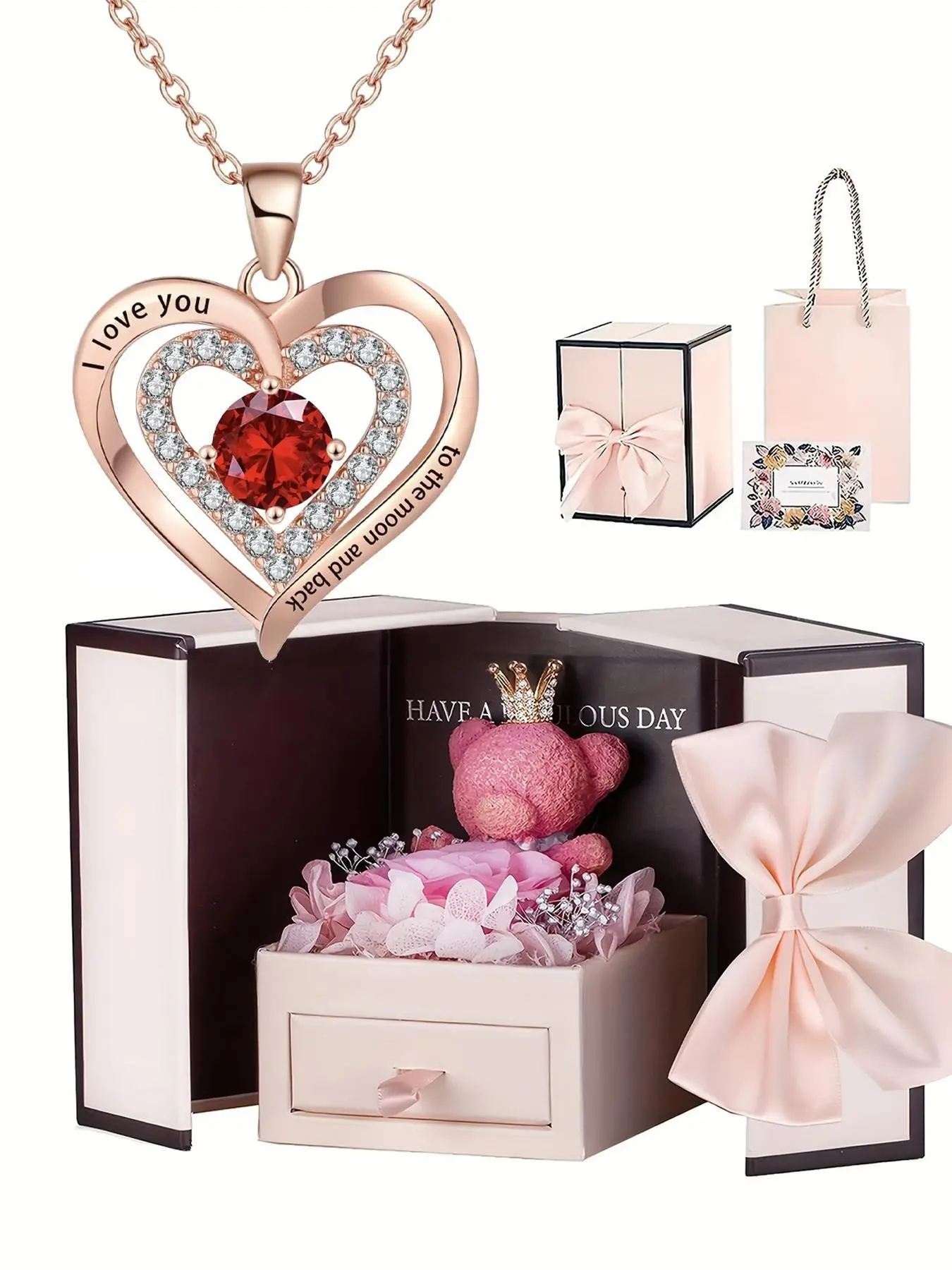 hearts pendant necklace, Elegant necklace, Heart design jewelry, with bear & rose gift box, engraved "I love you to the moon and back", pendant for women, perfect gift for Mother's Day, anniversaries