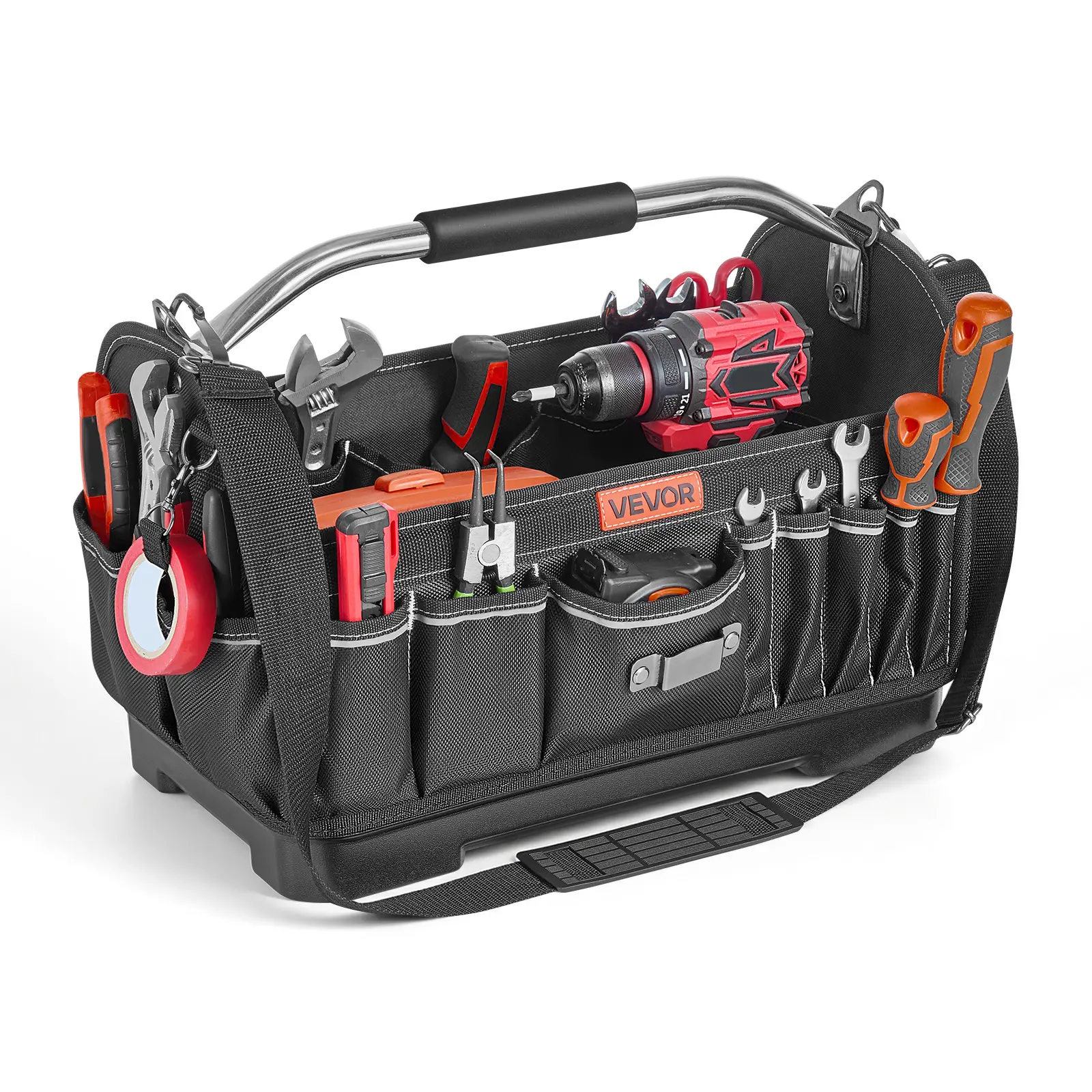 VEVOR 16.1 in Open Top Tool Bag with 33 Pockets, Hard Plastic Base, Adjustable Shoulder Straps, Steel Rivets, Tape Measure Clip & Grip Handle, Portable Tool Storage Organizer for Construction Professionals, Repair Jobs