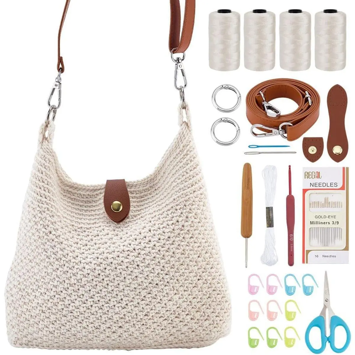 Crochet Bag Kit for Beginners Crochet Purse for Women DIY Tote Bag Making Kit with Step-by-Step Tutorials Knitting Supplies for Adults Crafts Boho Gift Idea (Beige)