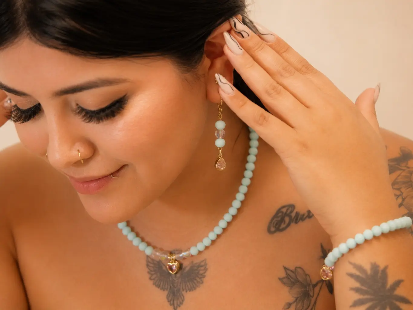 Mint Green Jewelry Set with Crystal Heart Pendant.