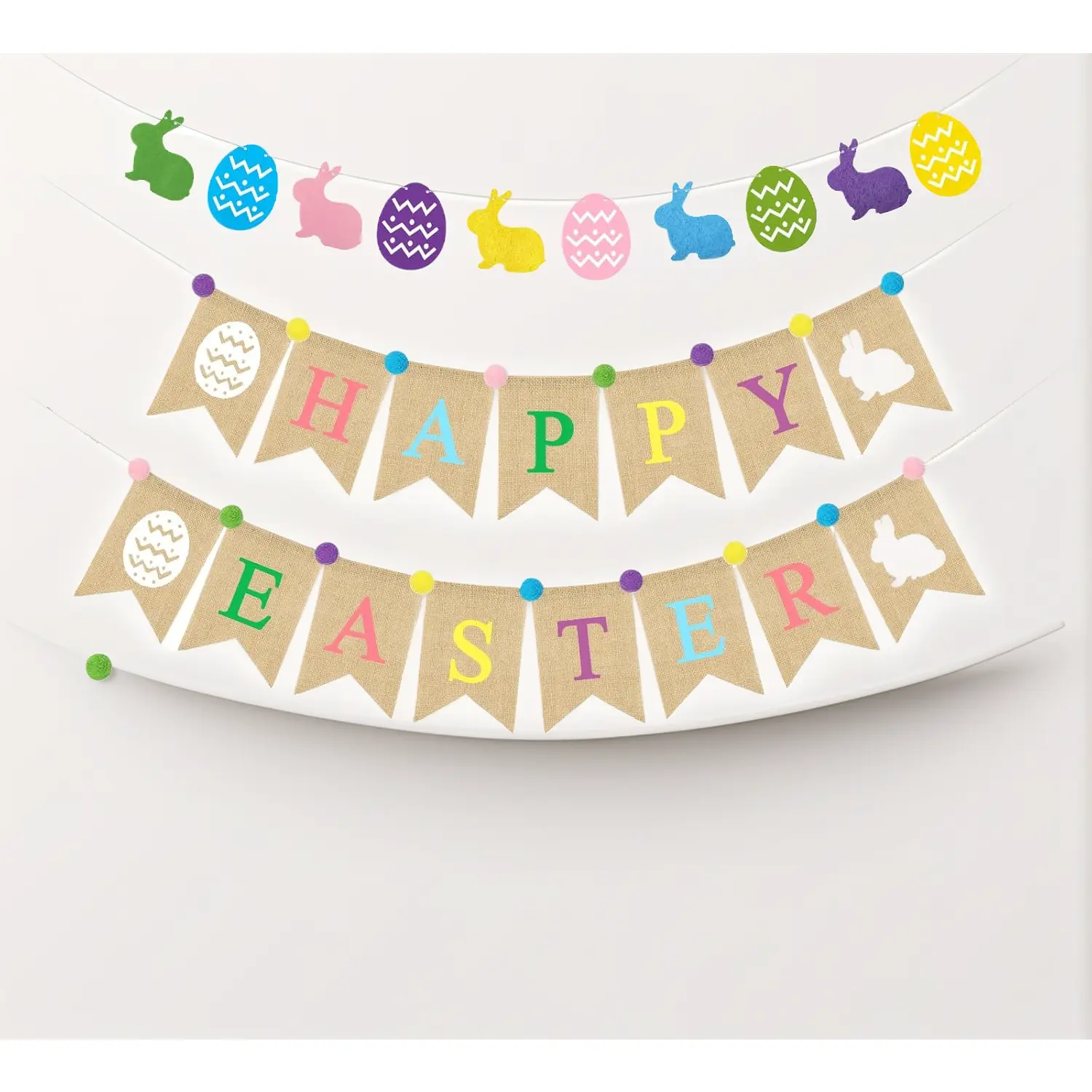 5 Pcs Easter Decorations Set - Burlap Felt Happy Banner, Pom-Pom Bunny Garland, Farmhouse Spring Party Supplies for Home Mantle, Indoor/Outdoor Kids Egg Hunt Decor