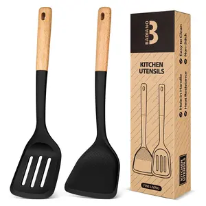 Silicone Wok Spatula Turner Set, Perfect for Scooping, Flipping, Lifting Pancakes and Picking up Veggies, BPA-Free Matte Silicone, Wooden Handles, Safe for Nonstick Cooking Surfaces