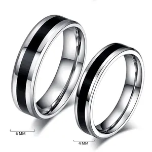 Stainless Steel Black Enamel Couple Rings | Promise Band Rings for Men & Women, Hypoallergenic Titanium Steel Wedding Rings, Matching Jewelry Gift for Couples