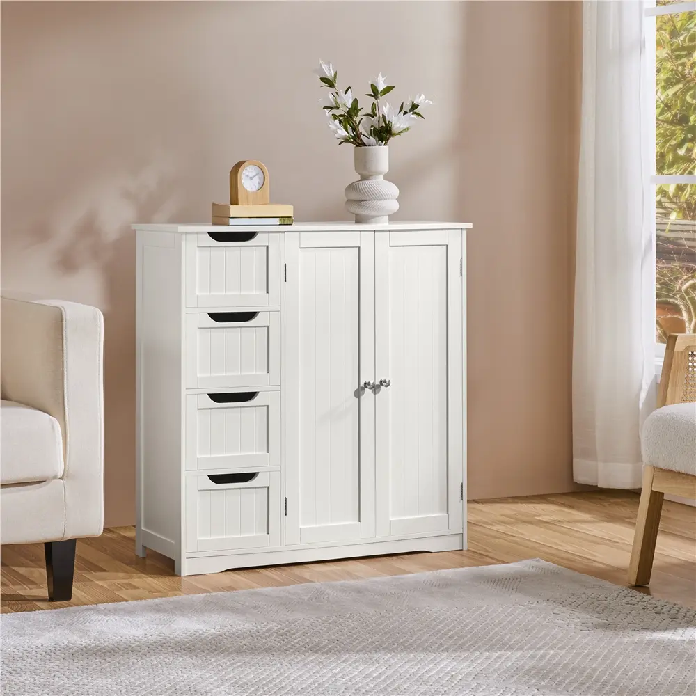 Costoffs Modern Freestanding Wooden Bathroom Furniture - 4 Storage Drawers, Double Doors, Modern Cupboards, Organiser Cabinet for Entryway, Bedroom