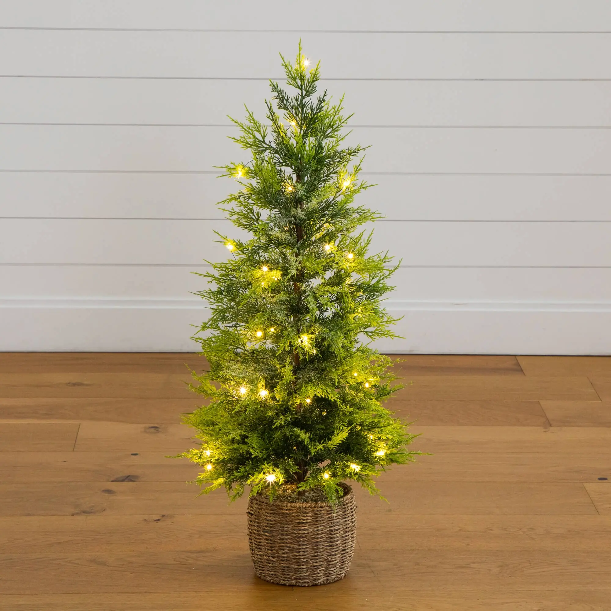 3ft Farmhouse Standing Pre-Lit Artificial Lightly Snowed Cypress Christmas Tree with Lighted Ornaments, 32-in, 38 Energy Efficient Warm White LED Lights, Cordless Dry Battery Power-Operated, Decorative Weaved Basket Base - All Ages Home Decoration