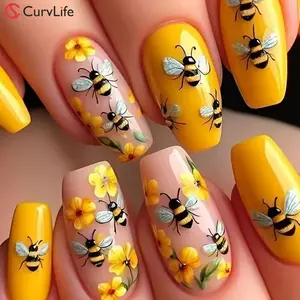 Honey Bee Press On Nails | CurvLife Nail | 24pcs Medium Coffin Fake Nails | 3D Floral Bee Design | Easy Apply, Durable & Vibrant | Daily, Party & Creative Nail Art