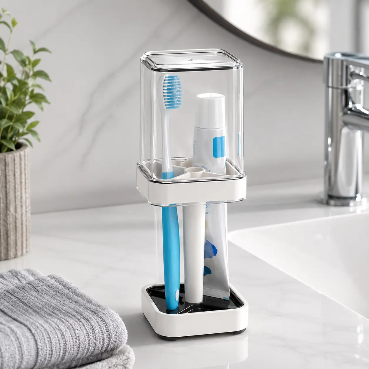 Plastic Minimalist Anti-Slip Bathroom Toothbrush Holder with Cup Cover, 3-Slot Drip-Resistant Multi-Purpose Organizer for Electric Toothbrush, Toothpaste, Razor, Dental Floss