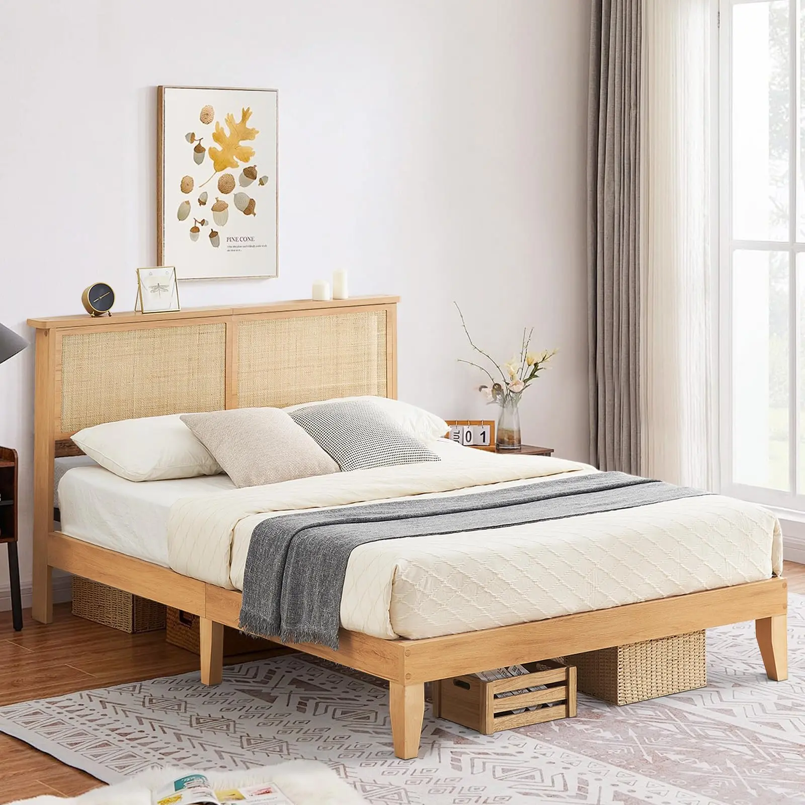Rattan Bed Frame Queen with Natural Rattan Headboard,Bohemian Rattan Bed Frame with LED Lights,Solid Wood Foundation with Silent Slats,No Box Spring Needed (Queen)