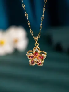 Dopamine Colorful Artificial Zircon Rotating Bauhinia Flower Pendant Necklace, Zircon Gemstone Necklace, Daily Wear Dainty Necklace, Elegant Sparkling Jewelry for Women & Girls, Perfect Gift for Holidays & Birthdays