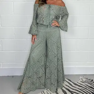 Women’s off-shoulder lace top and lace flowy wide-leg pants two-piece vacation set for going out