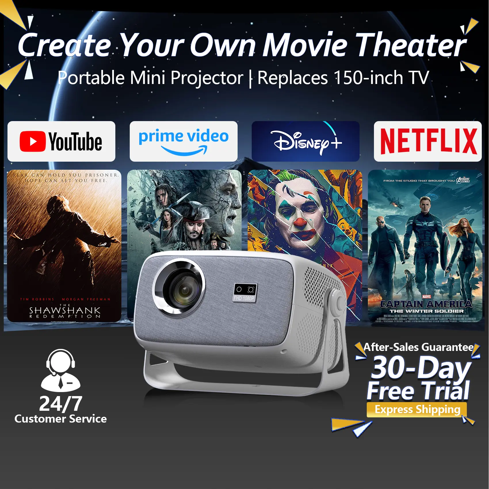 HLT X4 Android HD Smart Portable Projector - Wireless, Mini, High Definition, HD Ready Home Theater Device with Remote, Screen, Lightweight Design for Family Indoor Cinema, Backyard Outdoor Movie Nights, Smart Projector, Wireless Projector