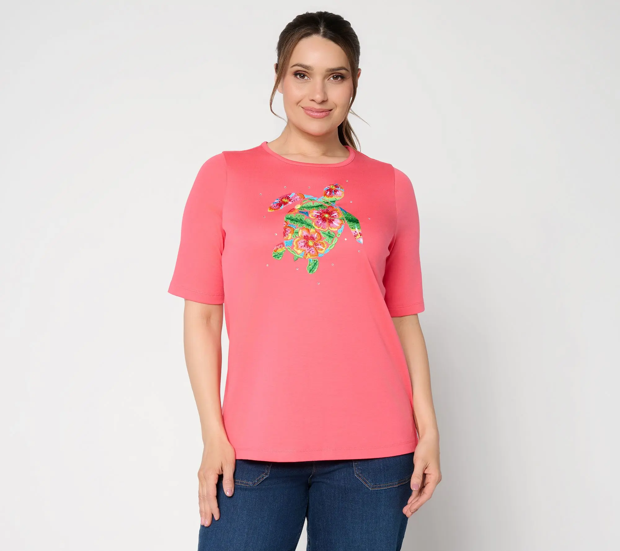 Quacker Factory Tropicana Sparkle Embroidered Top