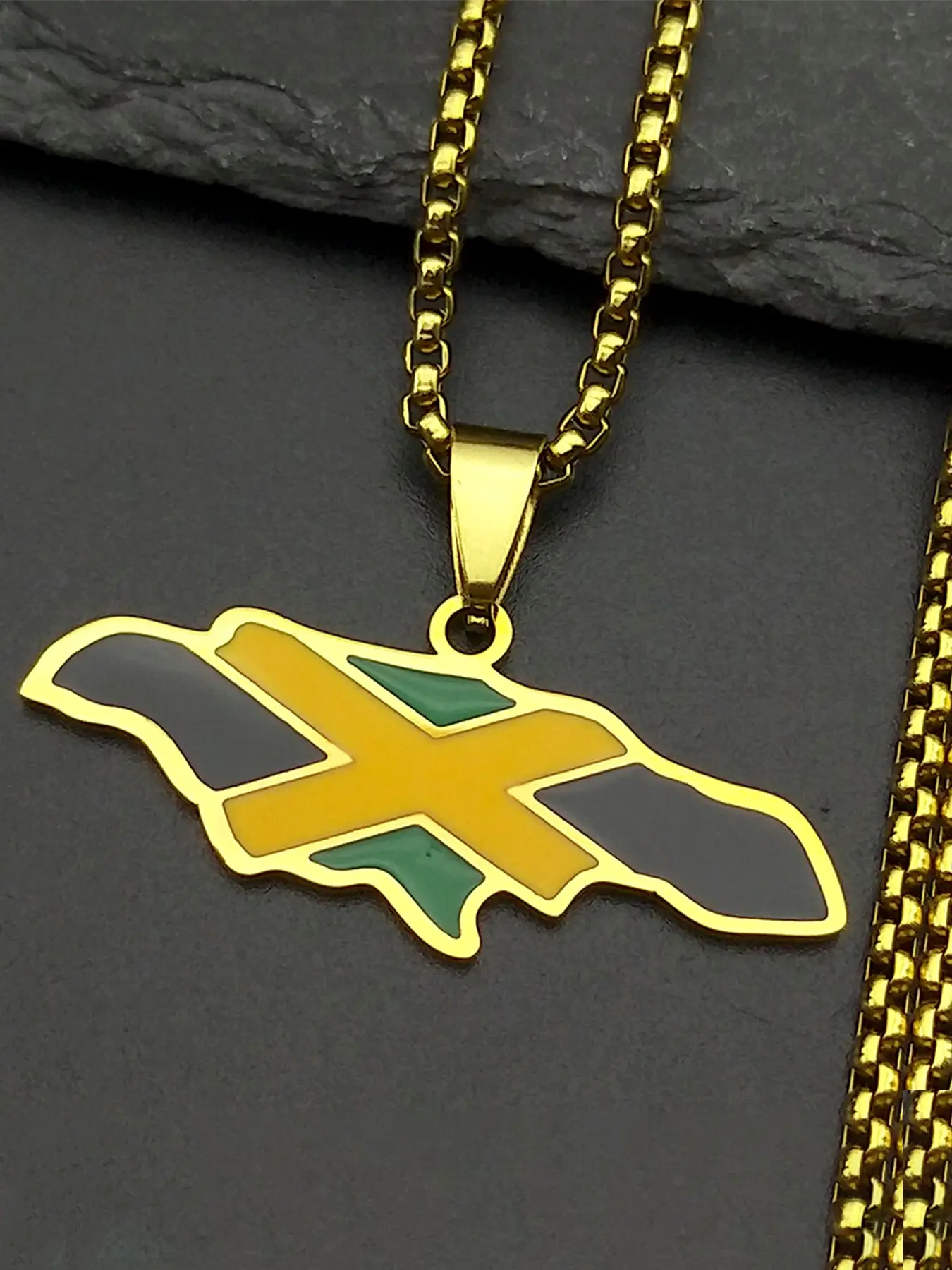 Jamaica Map National Flag Chain Women Men Stainless Steel Crafted Cuban Link Design Gold Color Country Faith Enamel Male Punk Pendant Necklaces Cuban Style Necklace
