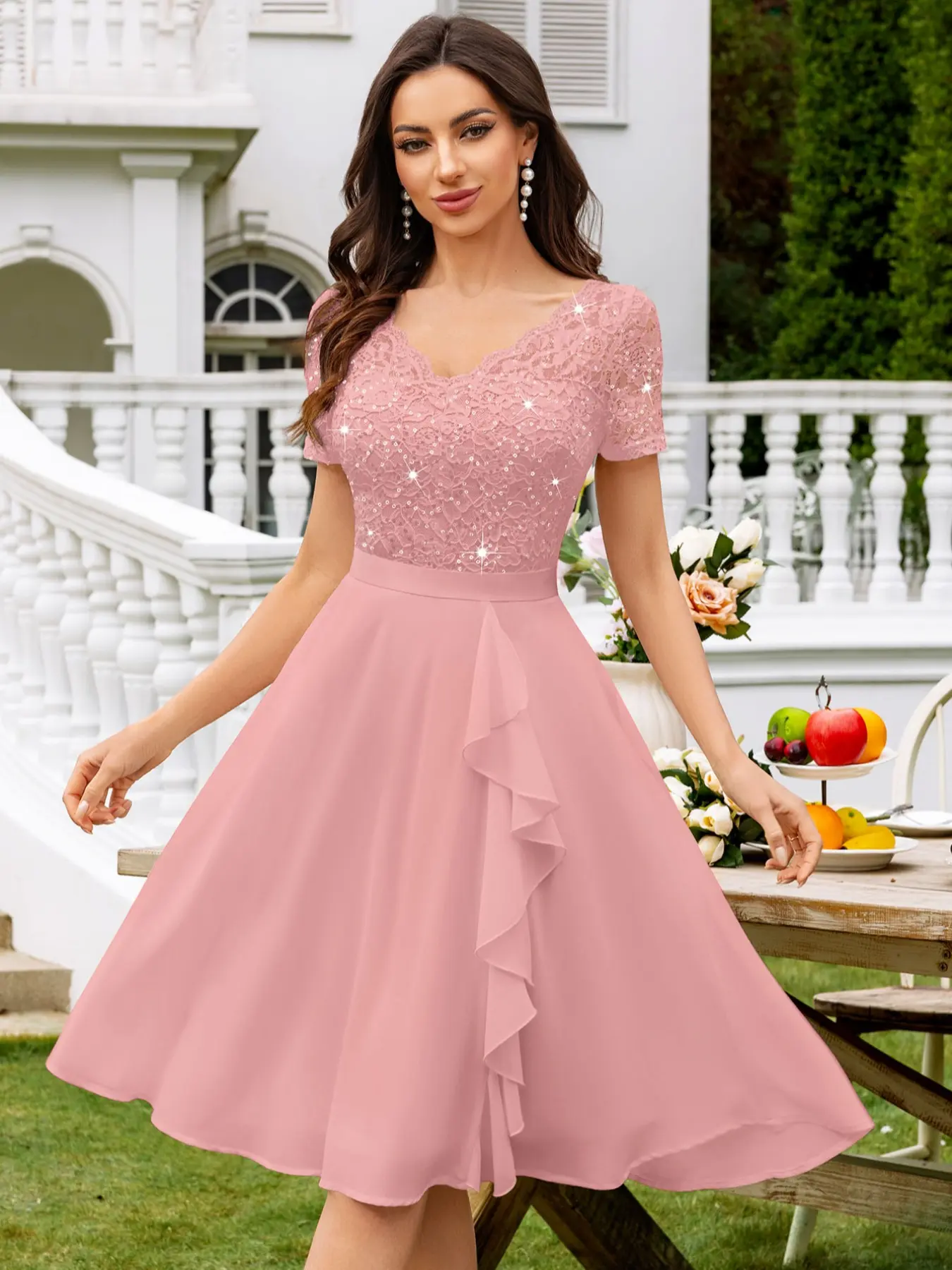 MIUSOL 24224 V-Neck Elegant Formal Contrast Lace Sequin Insert Ruffle Trim Flowy Chiffon Prom Party Cocktail Swing Dress