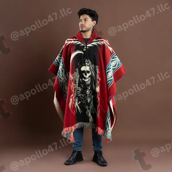 Authentic Hand-Woven Poncho - Santa Muerte Design