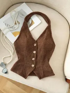 Women's Knitted Neck Fashion Cuff free Button Sleeveless Tank Top,  Slim fit, Waist cinched, and backless Top, with a fashionable, Chic and sexy design, hot charm, suitable for casual streets, parties, vacations, and commute, Knitwear