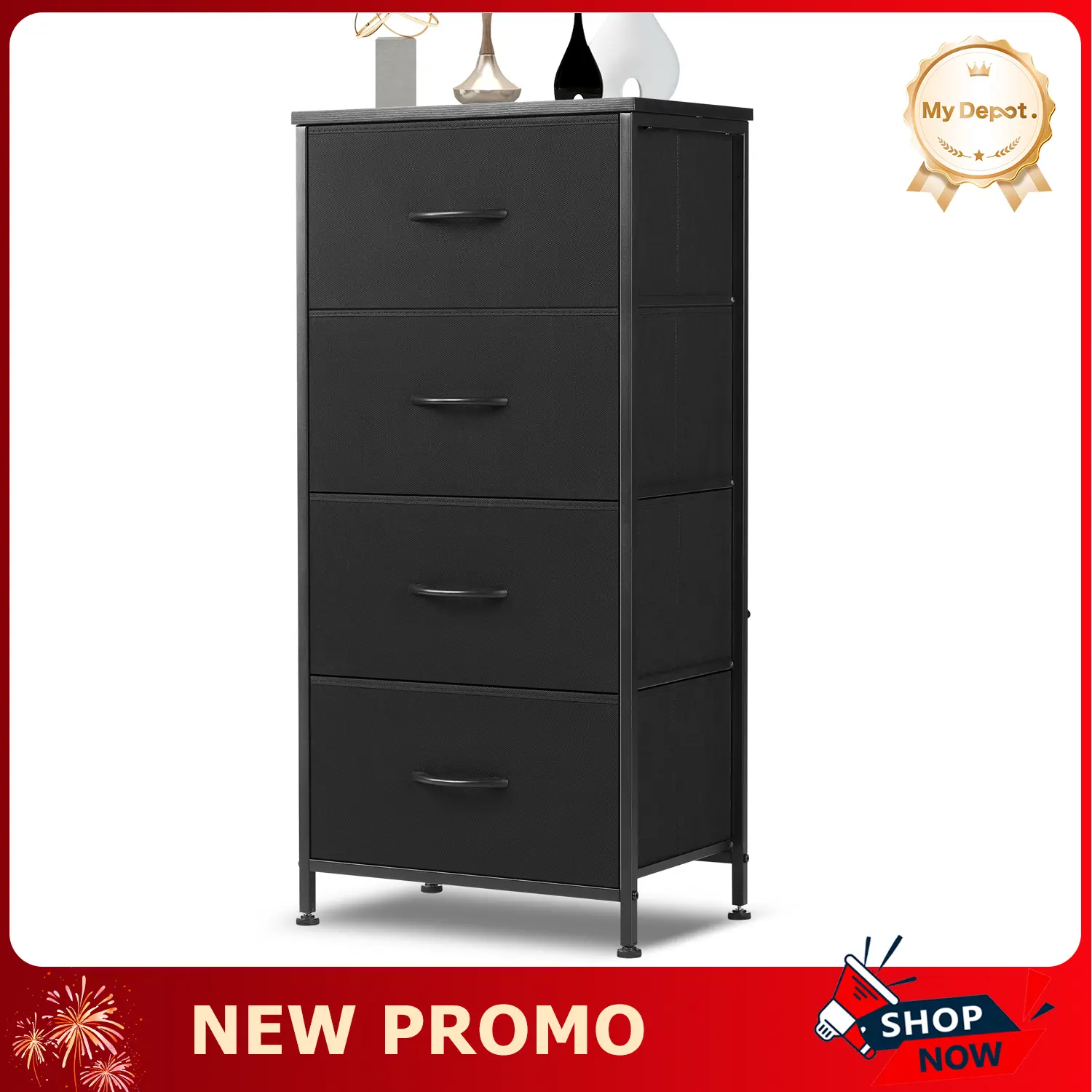 4-Drawer Fabric Apartment Storage Cabinet - Stackable Dresser with Wooden Top, Metal Frame, Anti-Tipping Accessories, 66lb Capacity, Requires Setup for Bedroom, Living Room, Entryway, Assembly Required