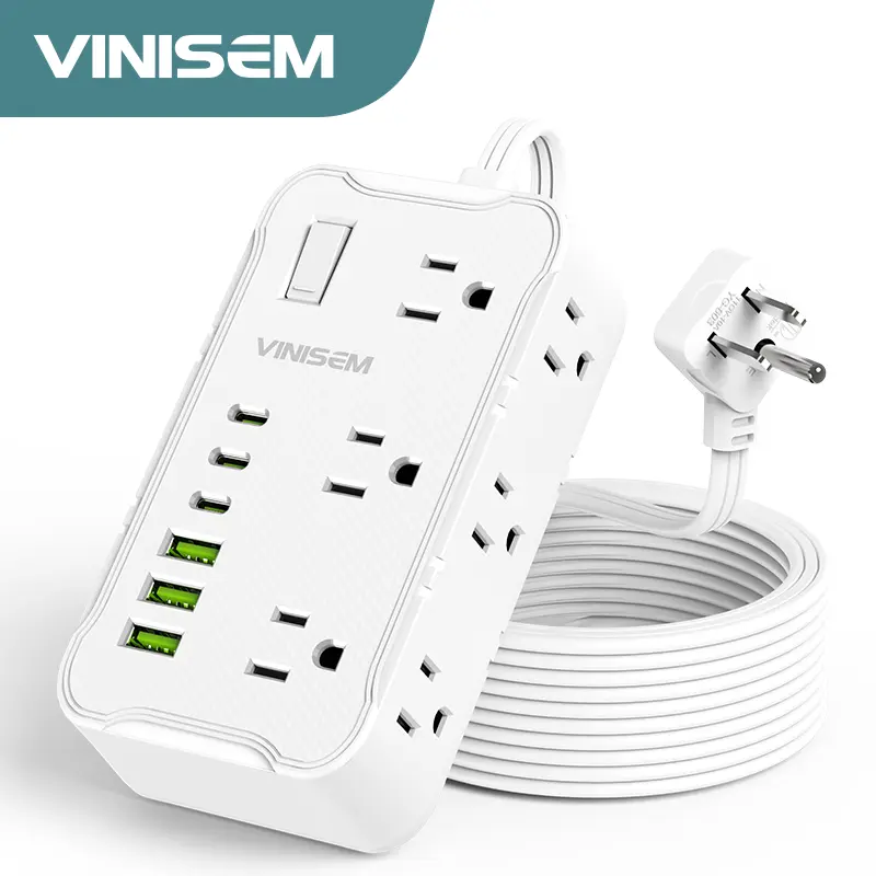 1pc 12-in-1 Rectangular Multi-Outlet Power Board - 6 AC Sockets, 3 USB Charge Ports, 3 Type C Charging Ports, 6.5FT/10FT/15FT Extension Cord, 10A 1250W Max Power, Electrical Accessory for Home, Office Use, Accessories