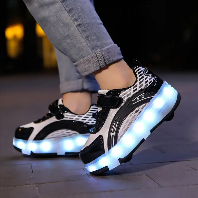 4-Wheel Magnetic Transformable Roller Skates |   LED Light-Up Heelys for Kids & Adults, USB Rechargeable & Anti-Slip Wheels
