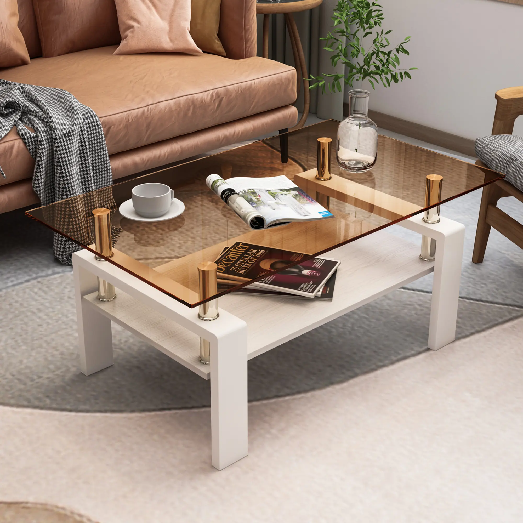 Modern Rectangular Coffee Table for Living Room - Tempered Glass Tabletop, Iron Legs, Lower Shelf, Easy Setup, Load-Bearing Indoor Table Suitable for Waiting Room