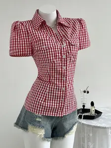 Women's Summer Gingham Short Sleeve Shirt Blouse, Slim-Fitting Casual Button Down Top, Button Up Top, Korean Style Lapel Design, Casual Lapel Neck, Perfect for Daily Wear Plaid