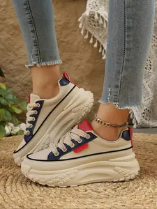 New Thick Sole Height Increasing Casual Shoes, Sports Shoes, Versatile Retro Sneakers, PU Upper, Rubber Sole, All Seasons, Plain Pattern, Casual Style