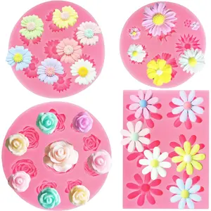 4Pcs Rose Daisy Chrysanthemum Silicone Molds Small Flower Shape Molds for Fondant Cake Chocolate Resin Polymer Clay DIY Cake Decoration Candy Ice Cube Soap Wax Craft