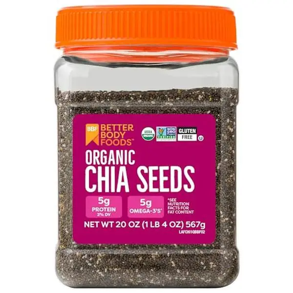 BBF Organic Chia Seeds 20 Oz, Omega-3 & Fiber, Pudding, Smoothies, Oatmeal | High Fiber Chia Seeds, Omega 3s, Plant-Based Protein, Overnight Oats, Egg Replacement for Baking, BetterBody Foods