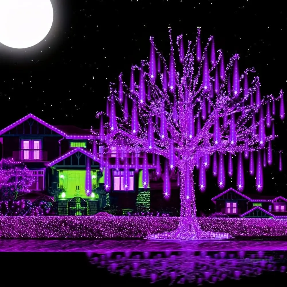 192-LED solar meteor shower string lights, raindrop waterfall effect lights, (purple/green), suitable for courtyards, gardens, parties, roof decoration, weddings, Ramadan, Christmas tree decoration, and Halloween outdoor lighting.