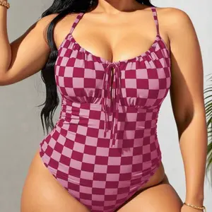 Plus Size Checkerboard Print Tied Spaghetti Strap One-Piece Swimsuit