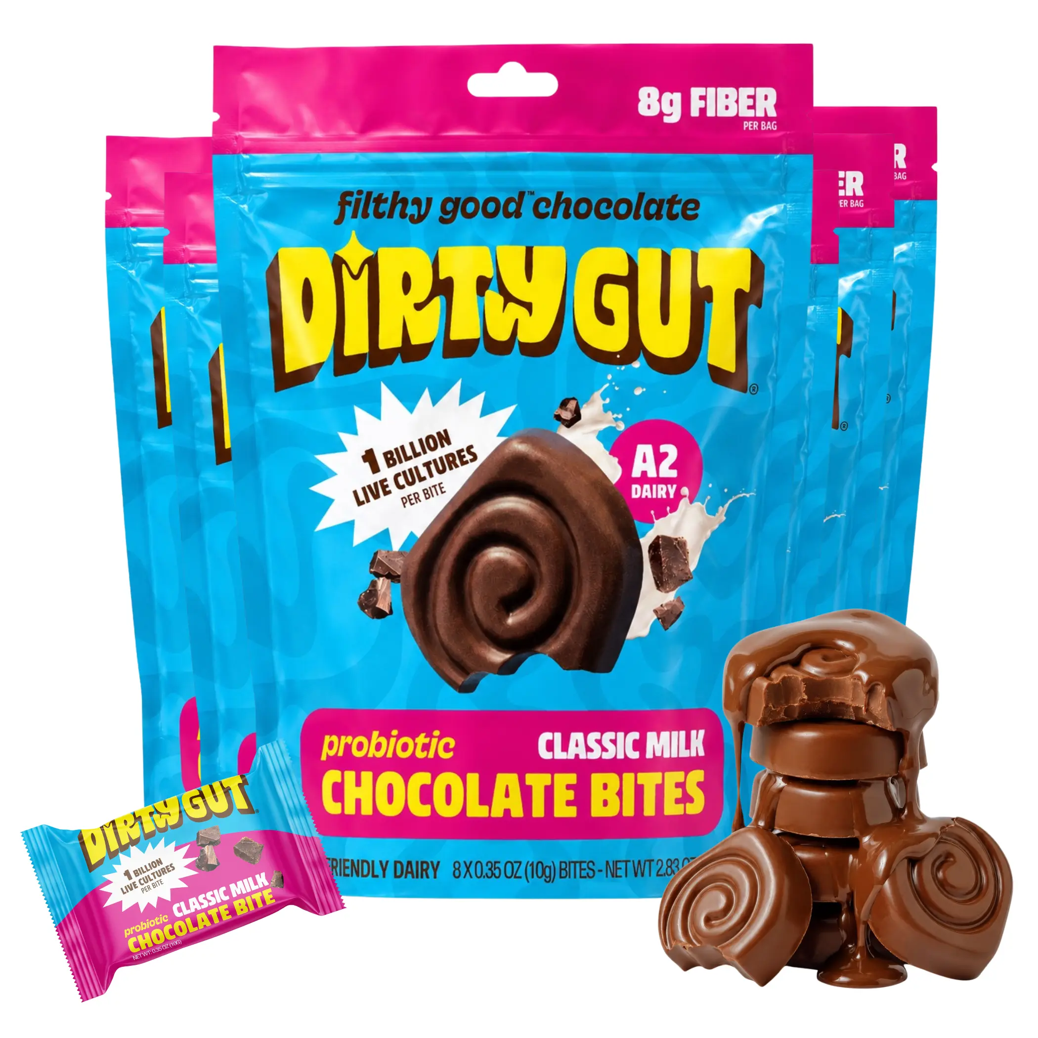 Classic Milk (6 Bags) - DIRTY GUT Probiotic Chocolate Bites - Gut Friendly, Sweet Treat, A2 Dairy