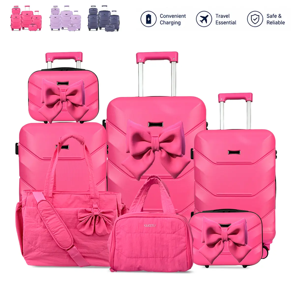 Upgraded PC Family Luggage Set (8/10-Piece) – Lightweight with USB Port, Cup Holder, Hook, TSA Lock, Spinner Wheels & Phone Holder. Sizes 13"-28". Ideal for School, Travel & Business.