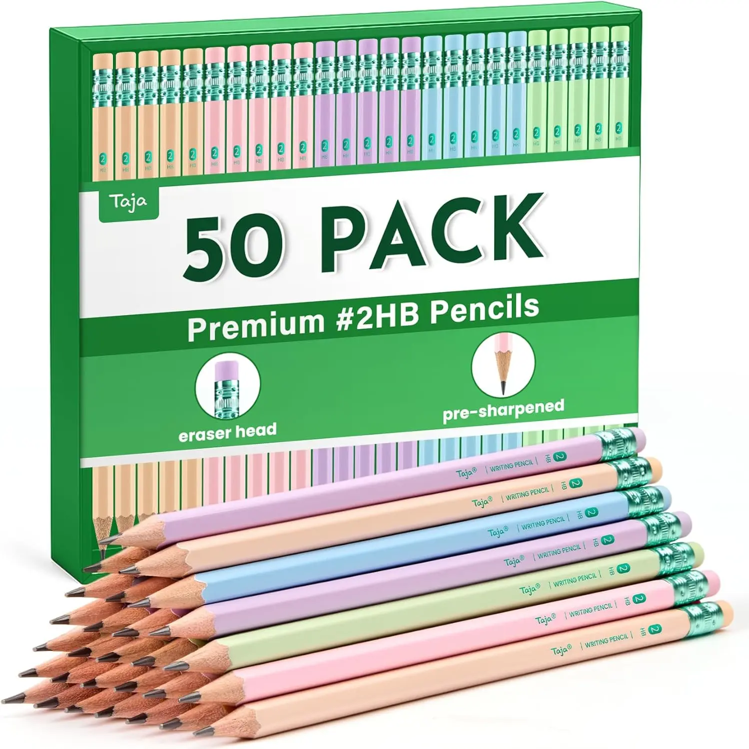 Taja 50-Pack Wood-Cased #2 HB Pencils - Bulk Set, Pre-Sharpened with Top Erasers, Macaron Colors, Ideal for School Stuff, Writing/Drawing (Office Stationery Supplies)