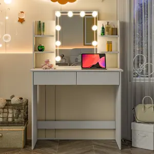 Oakault Small Vanity Desk with Mirror and Lights, Modern Vanity Table with 2 Drawers, Storage Shelves, Mini Makeup Vanity with Lights 10 Bulbs and Adjustable Brightness, Dressing Table for Bedroom,Pure White