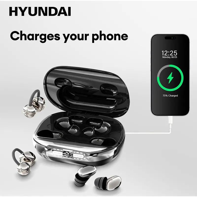 HYUNDAI GT630S 【4 Earbuds+Charges Phones】Wireless Headphones With Power Bank Case, Sleep & Clip-On Earbuds Included, Reverse Phone Charging, Ideal for Sports & Sleep, Earphones for Music & Calls, Compatible with Android & iOS,father'sdaygifts