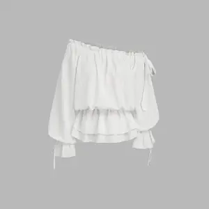 Cider Asymmetrical Neck Lantern Sleeve Knotted Blouse Dealsforyou