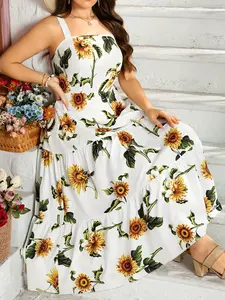 Plus Size Sunflower Print Long Dress, Women's Summer Casual Bohemian Style, Thin Strap, Long Maxi Dress, Fashionable & Comfortable