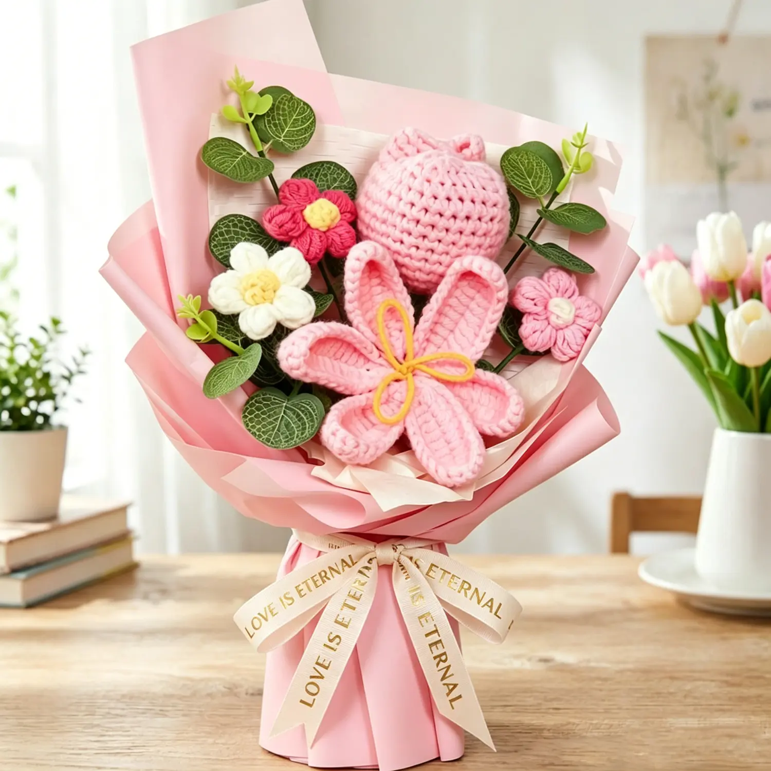 Handmade Crochet Tulip Bouquet, Forever Knitted Flower with Pink Wrapping and Decorative Ribbon, Artificial Hand-Knitted Flowers for Mother's Day, Birthday, Anniversary, Valentine's Day Gift for Women, Crochet Flower Bouquet, Artificial Flower Bouquet Arr