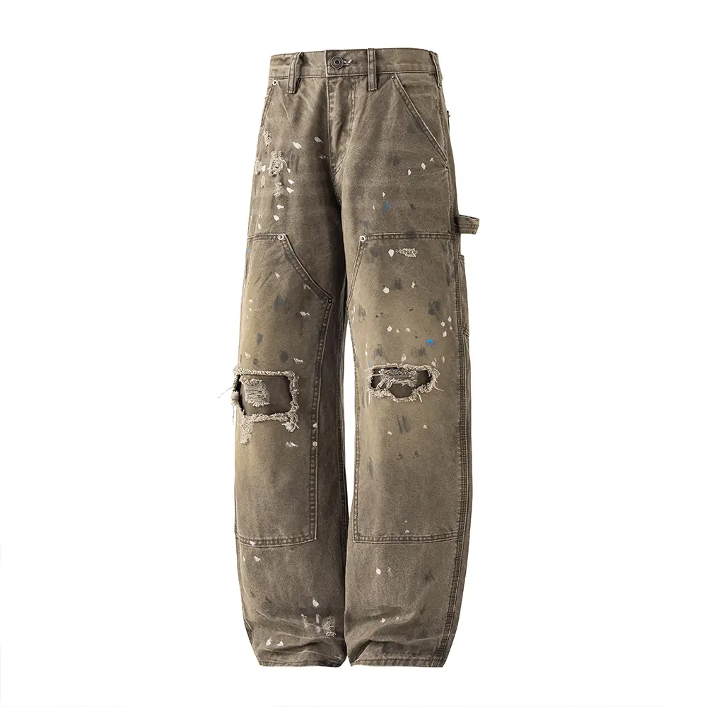 Men's pants, outdoor casual pants, carpenter's work pants, wide leg loose work pants, retro paint splattered washing, damaged holes, worn edges, practical underwear, Y2K garbage streetwear, skateboarding punk aesthetics, retro painter's work pants