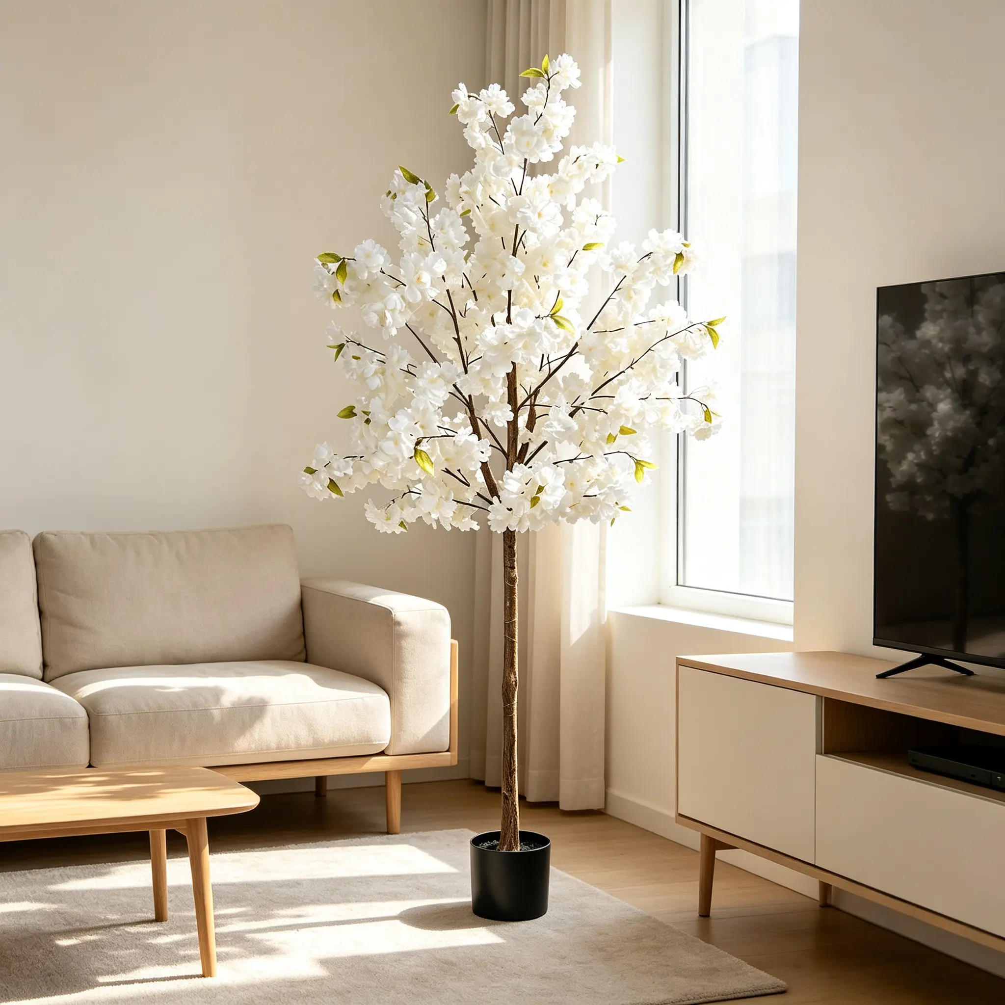 5FT Artificial Cherry Blossom Tree with Black Pot, Realistic White Faux Flower Tree for Indoor Outdoor Home Decor, Office, Living Room, Wedding Party Decoration