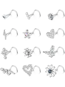 Tiny 12 Pcs Silvery Shining S Shape Nose Studs 20G Surgical Steel S Shaped Copper Nose Rings Studs for Women Men Sparkling CZ Heart Butterfly Flower Snake Piercing Jewelry Set