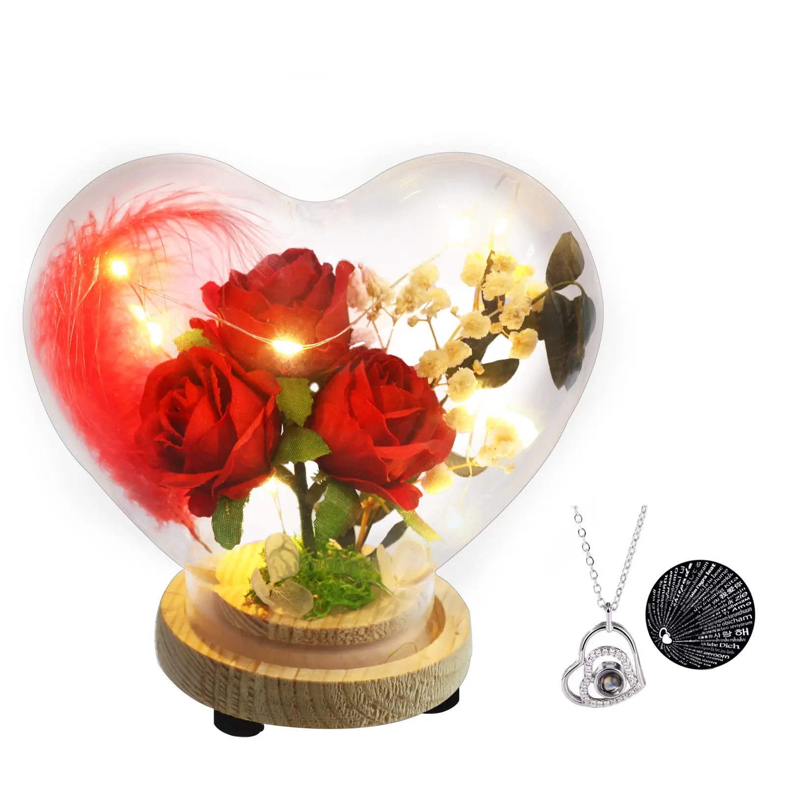 Birthday Gift For Her Handmade Preserved Rose Heart Glass Cover With 100 languages  I LOVE YOU  Necklace Valentines Day Gift For Girlfriend Women Corazón de rosa Oso rosa Artificial Flower Rose Bear Rose Decoration With LED Light For Home Decor