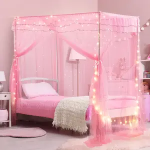 Twin Size Bed Canopy with Lights & Luminous Stars, Pink 4 Corner Post Canopy Bed Curtains for Girls Kids, Indoor Bedroom Decor for Student Dormitory Bunk Bed