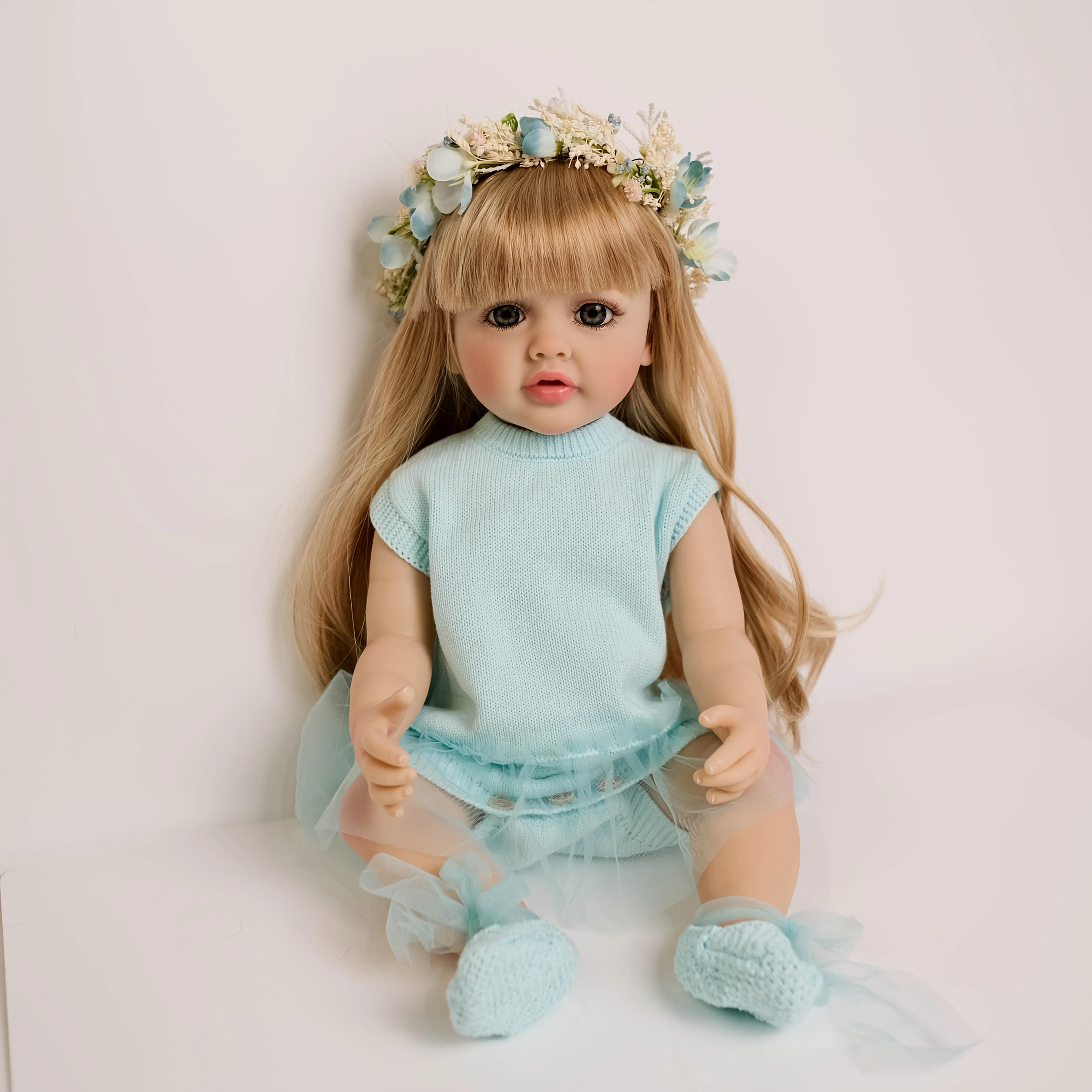 22-Inch Lifelike Blonde Princess Full Body Reborn Girl Doll - Soft Vinyl Doll with Floral Hoop & Accessories Set - Ideal Gifts for Kids' Birthdays