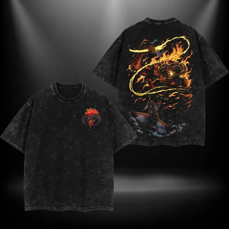Gandalf vs Balrog LOTR Double Printed Oversize Lightweight Acid Washed Tee TV Show Graphic Top Cotton Gift T-Shirt For Comic Lover, Gift T-Shirt For Movie Lover