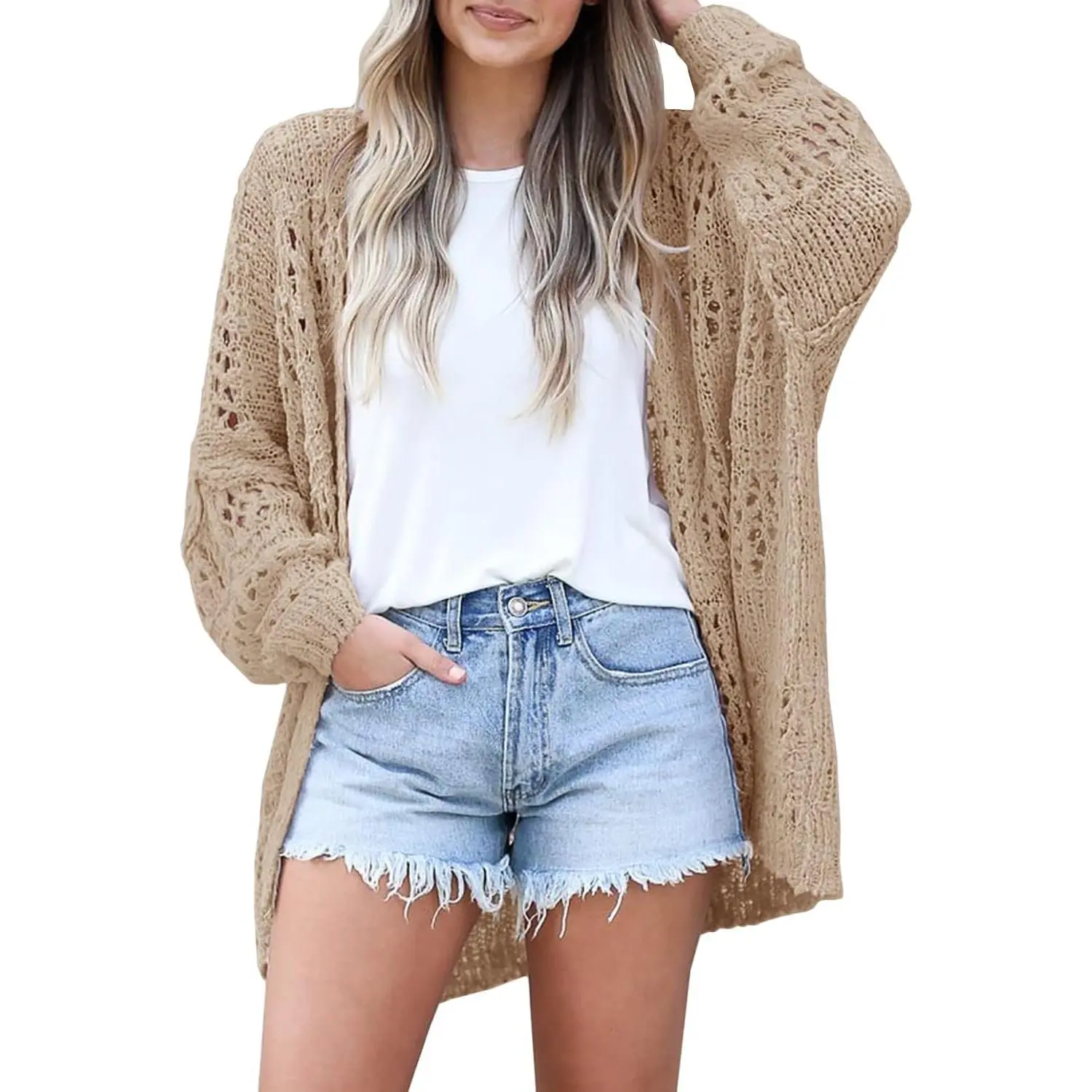 Lady's Casual Boho Crochet Mesh Cardigan, Longsleeve Open Front Oversized Knitwear, Lightweight Summer Beach Cover Up, Longsleeves