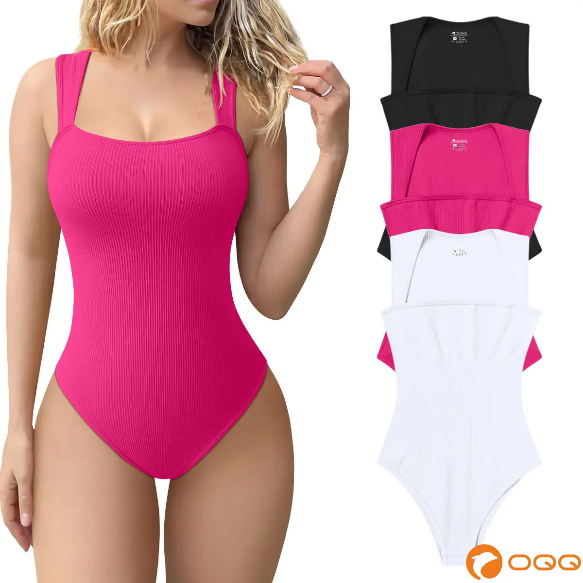 OQQ Women's 3 Piece Ribbed Bodysuits - Sexy Square Neck Sleeveless Tank Top Design - Stretchy  Soft Womenswear Underwear Lady Comfort Trendy
