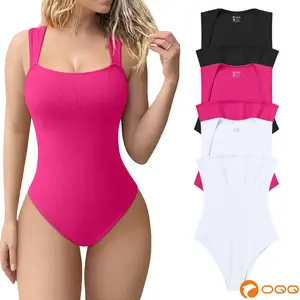 OQQ Women's 3 Piece Ribbed Bodysuits - Sexy Square Neck Sleeveless Tank Top Design - Stretchy  Soft Womenswear Underwear Lady Comfort Trendy Girl Party